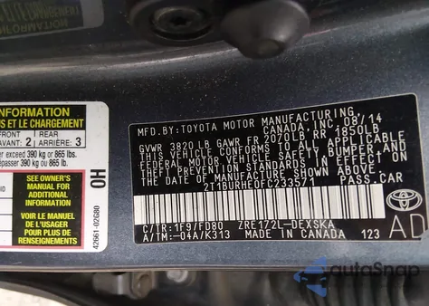 2015 Toyota Corolla S Plus из США, поврежденный, VIN 2T1BURHE0FC233571